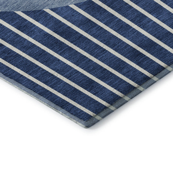 10' X 14' Striped Washable Area Rug With UV Protection (678311) - Navy Blue / Ivory
