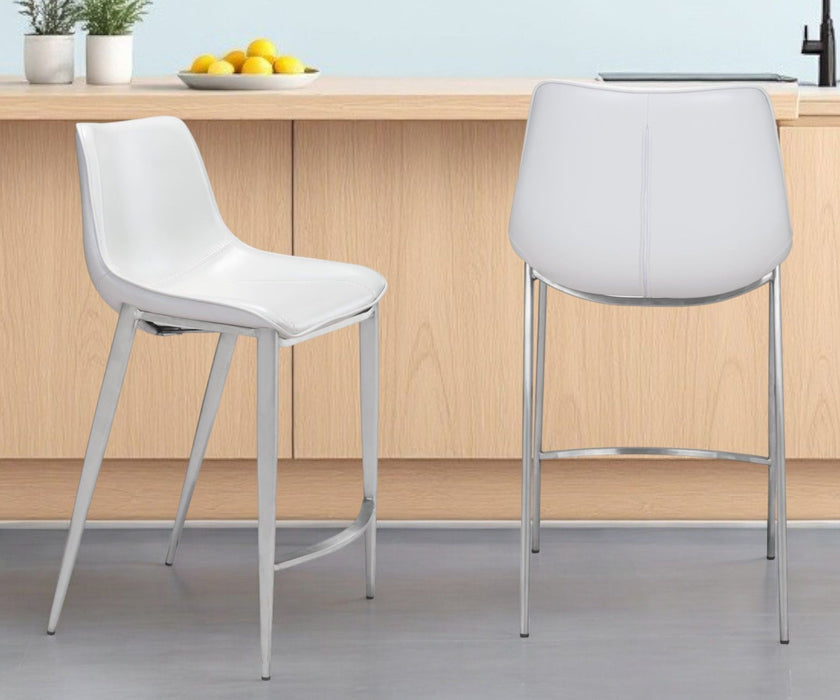 Set of two white and silver steel counter height bar chairs with low backs, 21.7"x20.7"x39.8" by HomeRoots.