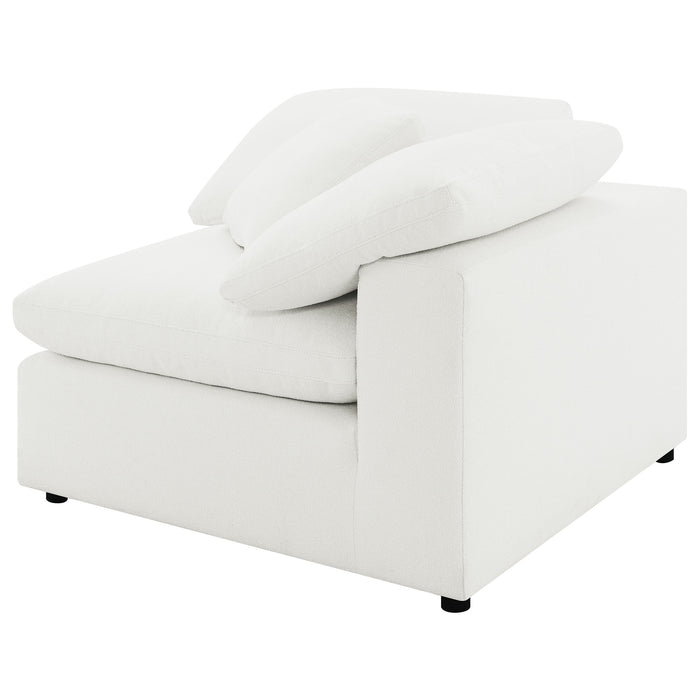 Raleigh ivory boucle upholstered corner chair by CoasterEveryday, shown from the front angle