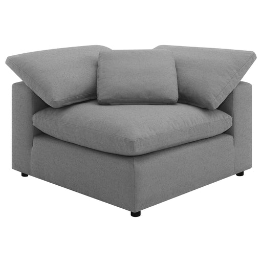 Raleigh CoasterEveryday boucle upholstered corner chair in grey fabric with a curved, cushioned backrest