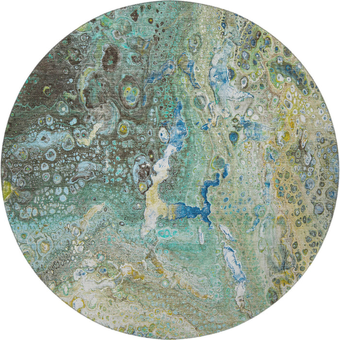 8' Abstract Washable Round Rug With UV Protection (650437) - Teal / Gold / Gray