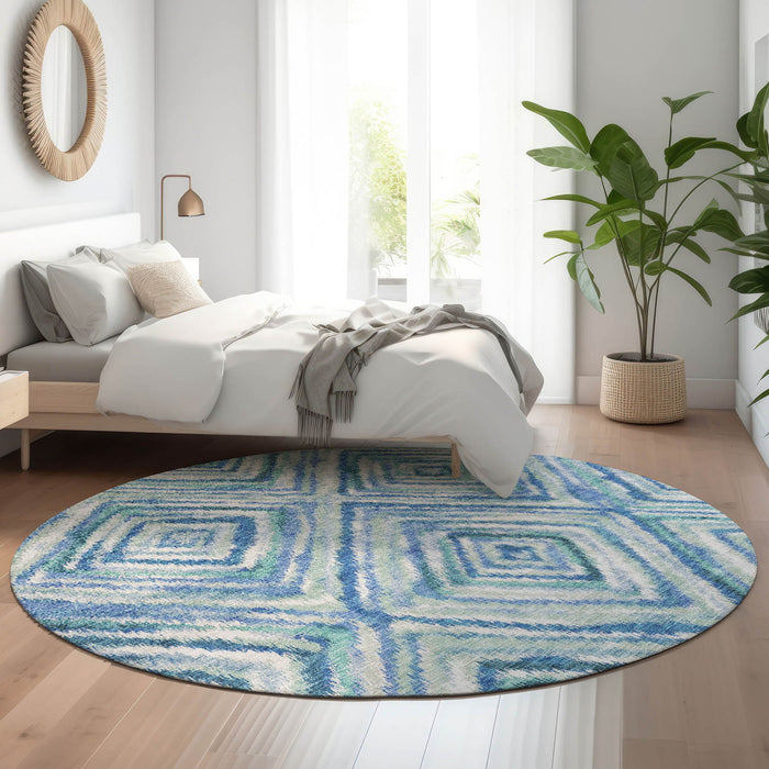 8' Geometric Washable Round Rug With UV Protection - Blue / Ivory