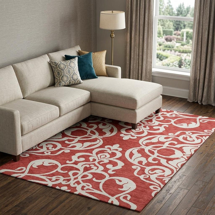 10' X 14' Damask Washable Area Rug With UV Protection (676950) - Red / Ivory