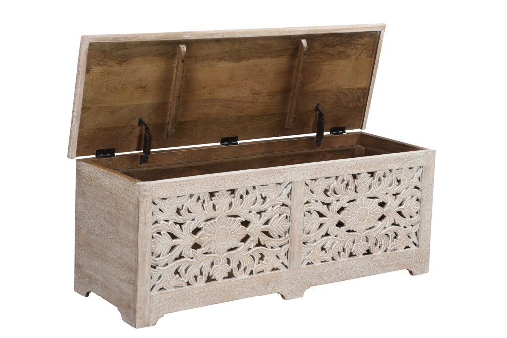 52" Distressed Solid Wood Carved Floral Storage Ottoman - White