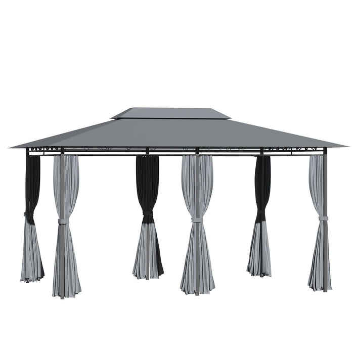 Outsunny outdoor patio gazebo with vented roof, steel frame, and curtains in sage gray, ideal for garden, lawn, or backyard shade.