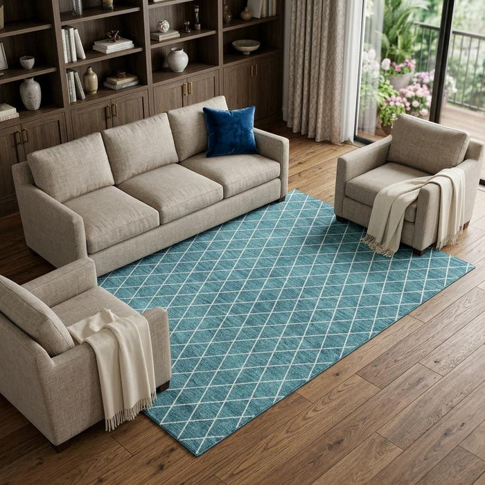 10' X 14' Geometric Washable Area Rug With UV Protection (674131) - Teal / Ivory