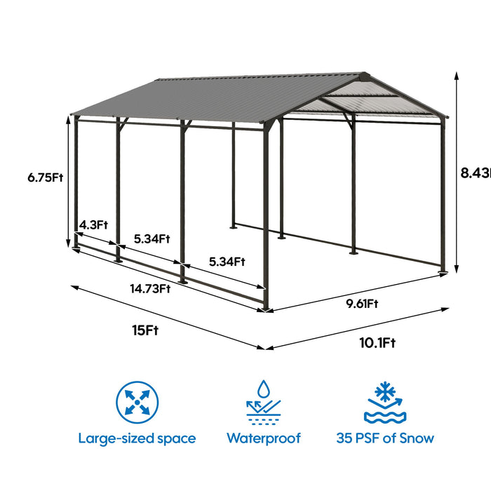 Giga heavy-duty gray metal carport with galvanized steel roof and frame, outdoor storage canopy for cars and outdoor equipment