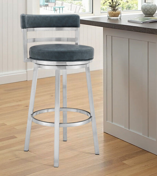 Faux Leather And Stainless Steel Swivel Low Back Counter Height Bar Chair - Dark Gray And Silver