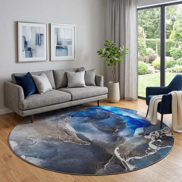 8' Abstract Washable Round Rug With UV Protection (646683) - Navy Blue / Charcoal