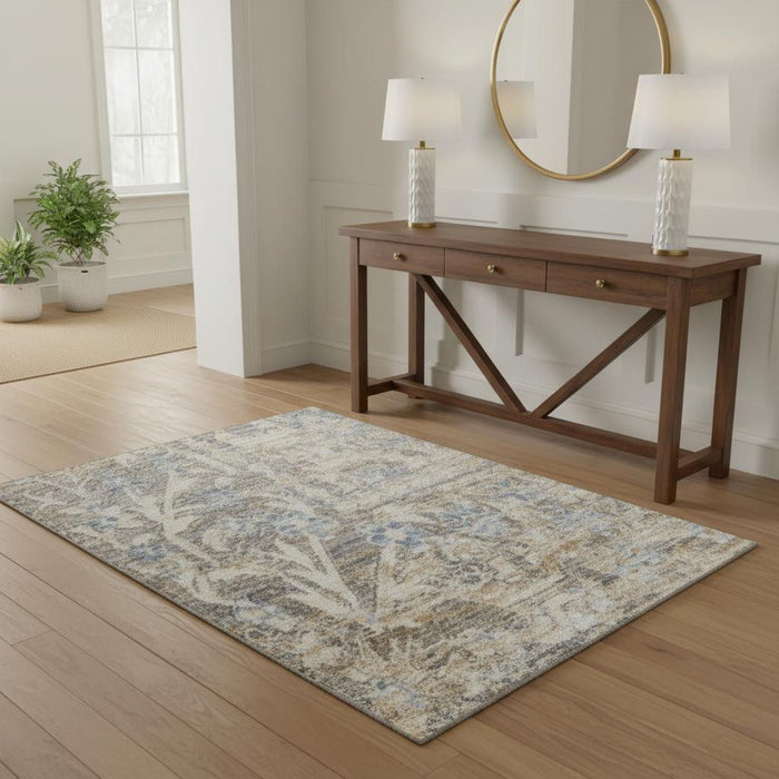 4' X 6' Floral Area Rug With Fringe (556374) - Ivory / Blue / Tan