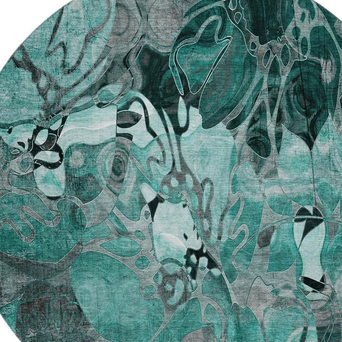 8' Abstract Distressed Washable Round Rug With UV Protection (649003) - Teal / Gray