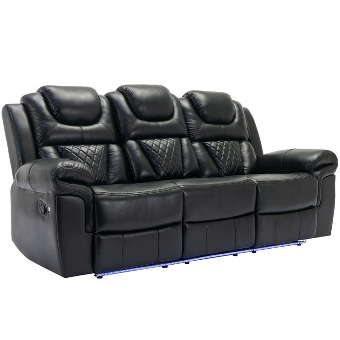 Giga home theater recliner sofa with center console, LED light strip, manual reclining seats, ideal for living room entertainment.