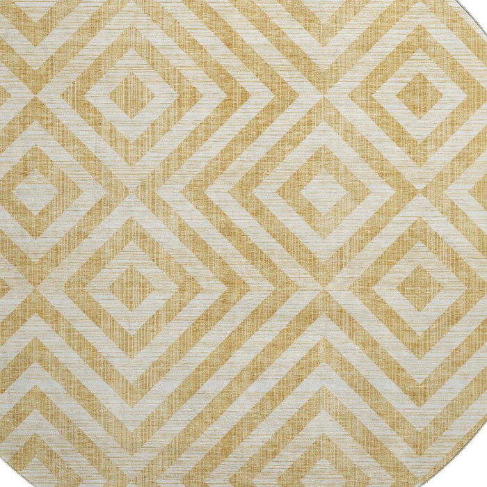 8' Geometric Washable Polyester Round Rug With UV Protection - Gold And Ivory