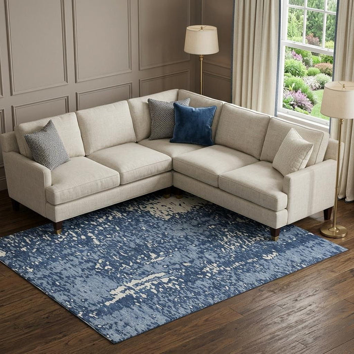 10' X 14' Abstract Washable Area Rug With UV Protection (675438) - Denim Blue / Ivory