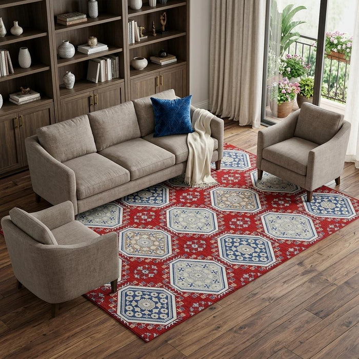 10' X 14' Floral Washable Area Rug With UV Protection (693750) - Red / Navy Blue / Ivory