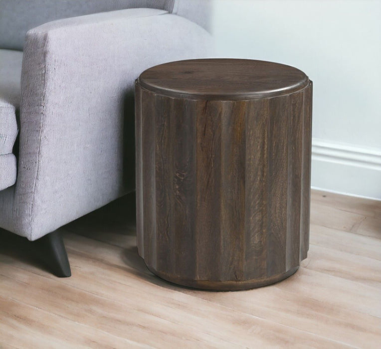23" Distressed Solid Wood Round Scalloped Drum End Table - Brown