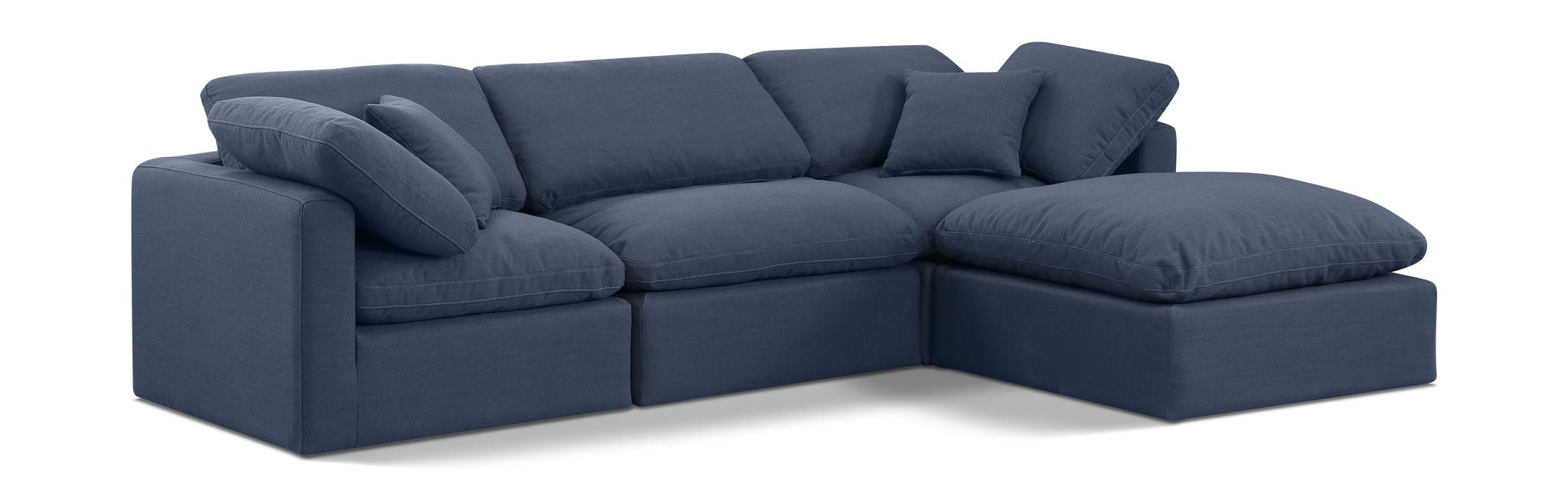 Meridian Furniture Indulge Linen 4-Piece Modular Sectional with Chaise, stationary living room sofa set, beige fabric upholstery.