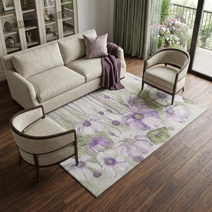 10' X 14' Floral Washable Area Rug With UV Protection (657317) - Purple / Green / Ivory