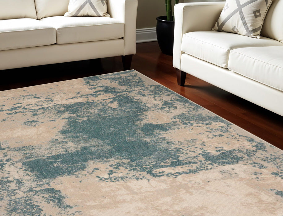 13' X 9' Abstract Non Skid Area Rug - Ivory And Teal