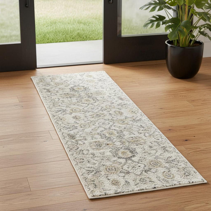 6' Floral Worn Faded Runner Rug (573491) - Gray