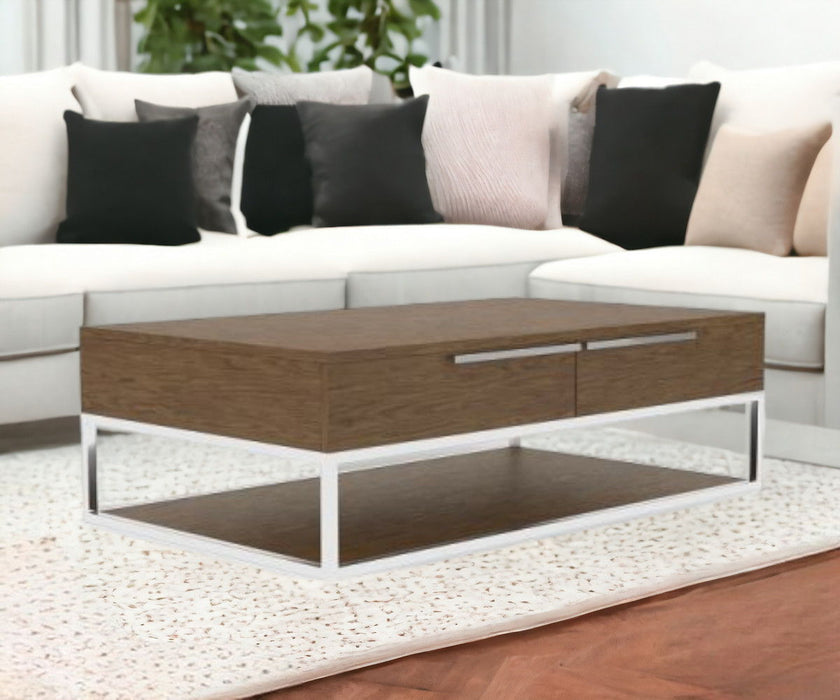 Rectangular Coffee Table With Two Drawers And Shelf - Silver And Walnut
