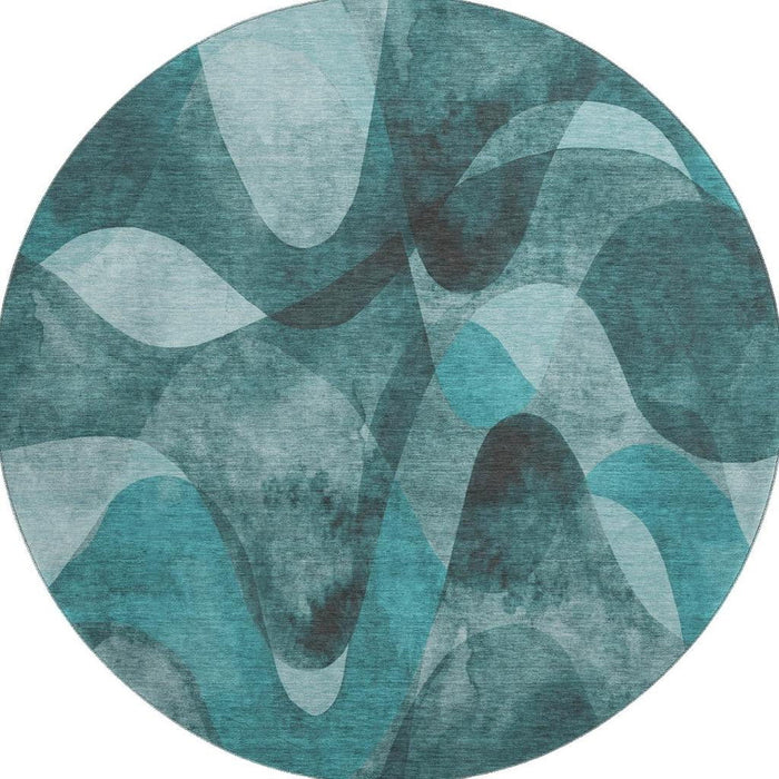 8' Abstract Washable Round Rug With UV Protection (648103) - Teal / Ivory