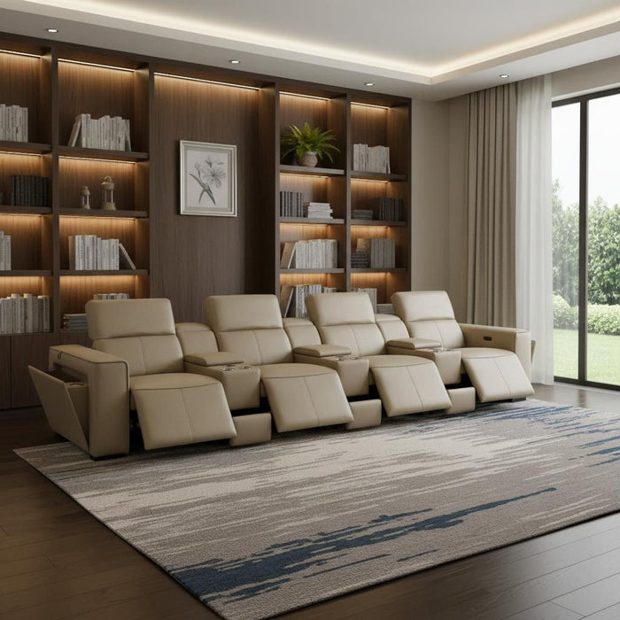 Top Grain Leather Reclining Metal USB Sofa (720419) - Beige