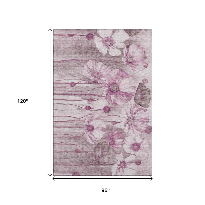 8' X 10' Floral Washable Area Rug With UV Protection (657309) - Plum / Ivory