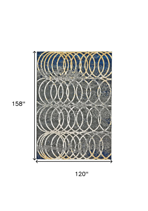 10' x 13' Geometric Power Loom Worn Faded Area Rug - Gray Ivory And Blue