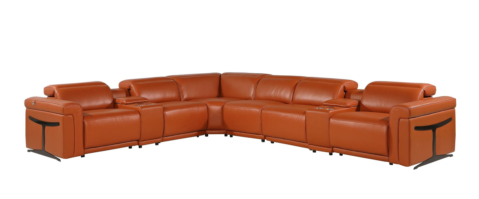 Italian Leather Modular L Shaped Eight Piece Corner Sectional With Console - Camel