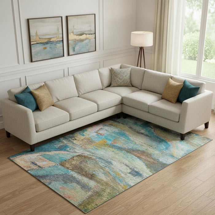 10' X 14' Abstract Washable Area Rug With UV Protection (715573) - Teal / Beige
