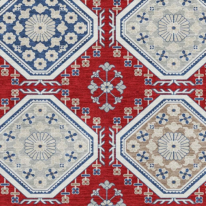 10' X 14' Floral Washable Area Rug With UV Protection (693750) - Red / Navy Blue / Ivory