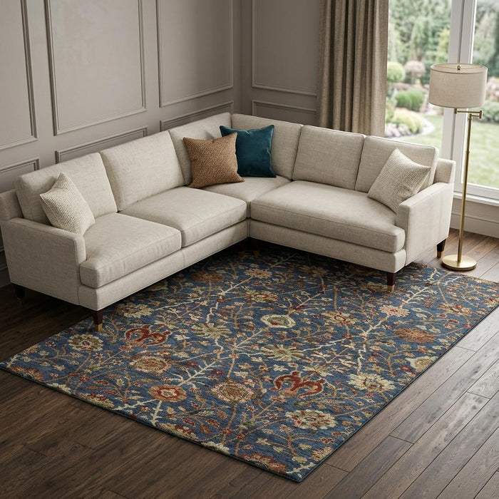 10' X 14' Floral Washable Area Rug With UV Protection (683986) - Navy Blue / Red / Green