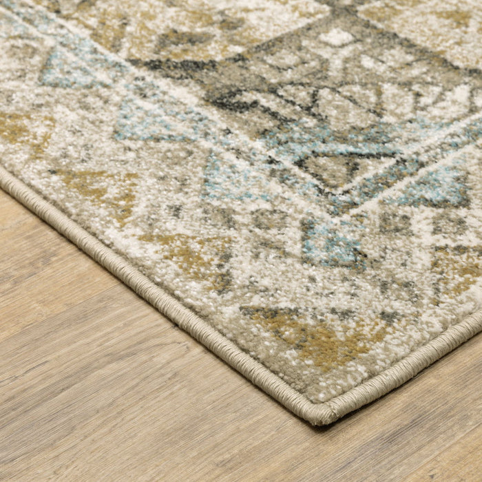 6' x 9' Oriental Power Loom Stain Resistant Area Rug - Gray Blue Beige And Gold