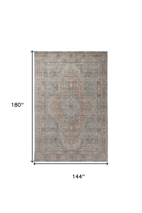 12' x 15' Oriental Power Loom Worn Faded Area Rug With Fringe - Gray Ivory And Orange