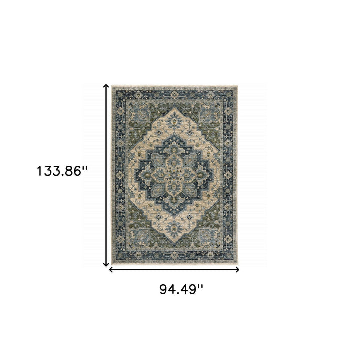 8' x 11' Oriental Power Loom Polyester Area Rug With Fringe - Blue And Beige