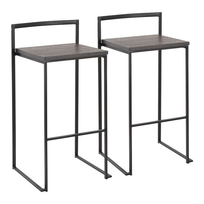 Fuji - 30" Stackable Barstool With Espresso Wood-Pressed Grain Bamboo Seat (Set of 2) - Black Metal