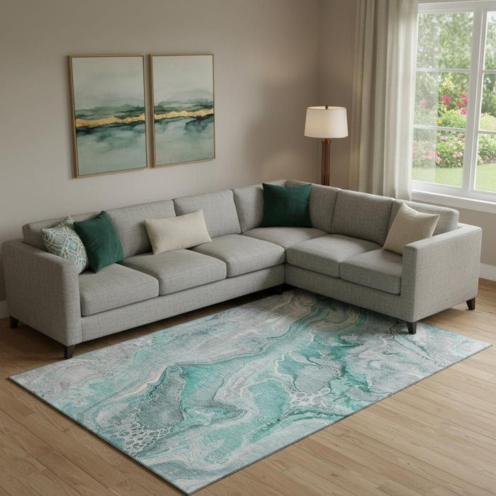 10' X 14' Abstract Washable Area Rug With UV Protection (697061) - Teal / Gray / Ivory