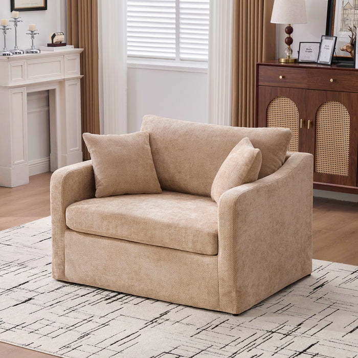 Giga farmhouse accent arm chair with wooden frame and two bolster pillows, featuring rustic design and comfortable seating.