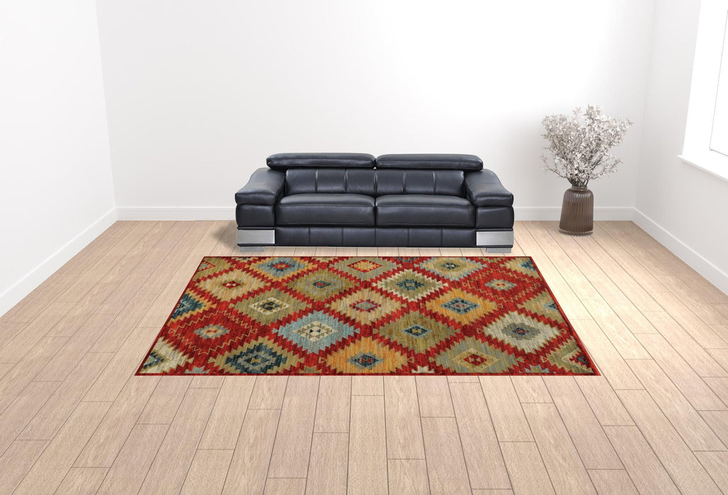 10' x 13' Geometric Power Loom Stain Resistant Area Rug - Red Green Gold Blue Teal And Ivory