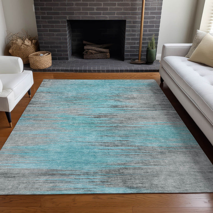 10' X 14' Abstract Washable Area Rug With UV Protection - Teal And Gray