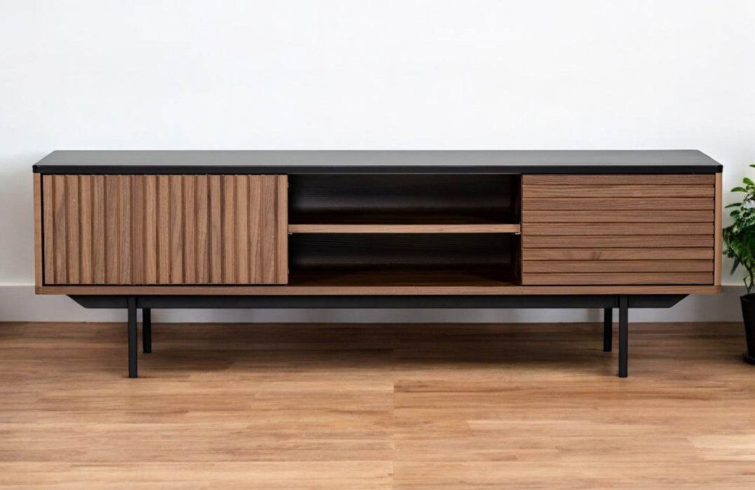 Gray and walnut 63-inch wood TV stand with open and enclosed storage compartments by HomeRoots.