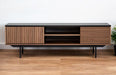 Gray and walnut 63-inch wood TV stand with open and enclosed storage compartments by HomeRoots.