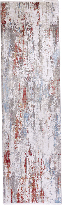 10' Industrial Abstract Power Loom Runner Rug With Fringe - Gray / Red