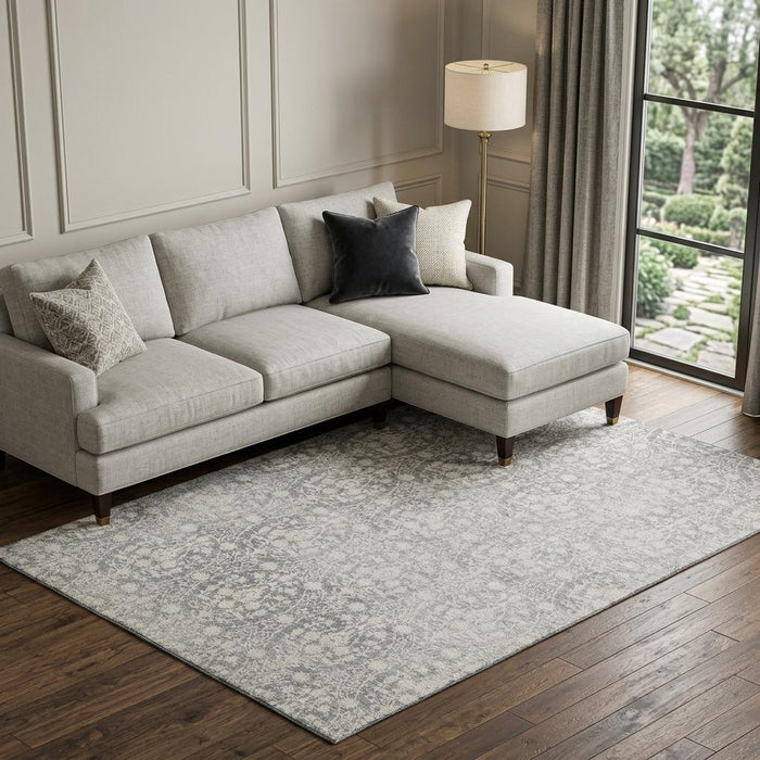 10' X 14' Damask Washable Area Rug With UV Protection (692100) - Gray / Ivory