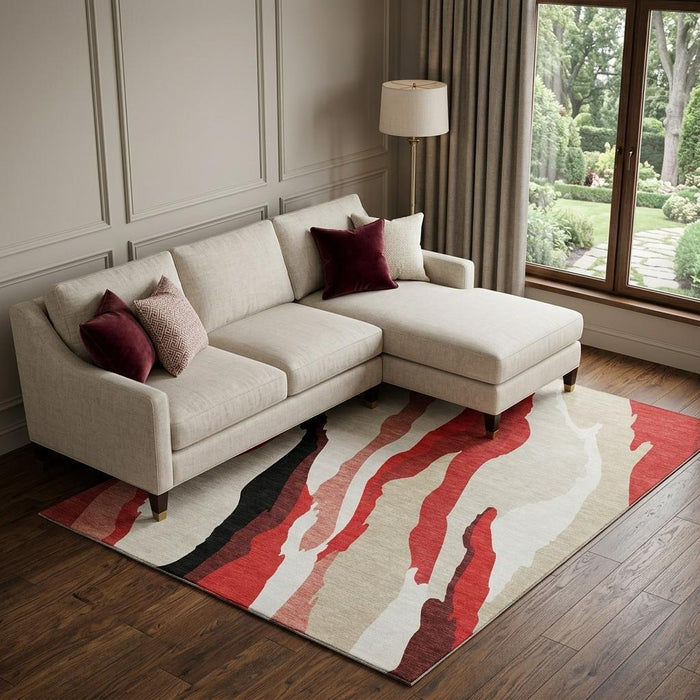 10' X 14' Abstract Washable Area Rug With UV Protection (682151) - Red / Black / Ivory