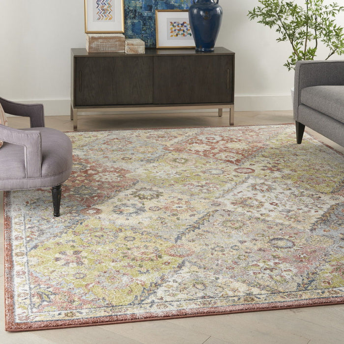 8' X 10' Floral Distressed Area Rug - Green And Ivory