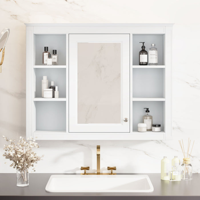 Giga wall-mounted medicine cabinet with mirror, open shelves, and adjustable interior storage for bathroom organization.