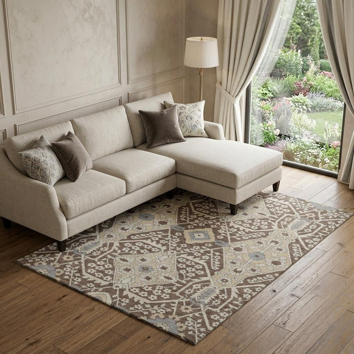 10' X 14' Floral Washable Area Rug With UV Protection (668501) - Chocolate / Gray / Beige