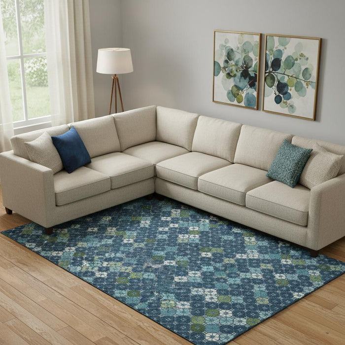 10' X 14' Geometric Washable Area Rug With UV Protection (705317) - Navy Blue / Ivory / Green